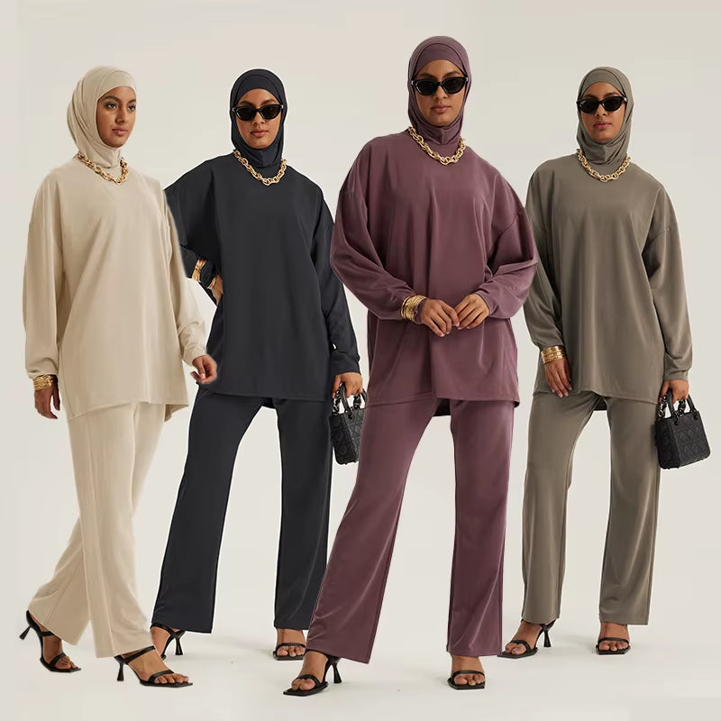 Alpha Dubai Islam Turkey Muslim Outfits for Women Casual Ramadan Solid O-Neck Basic Tops Loose Fitted Pants Prayer Garment