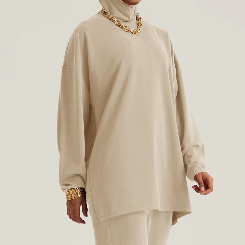 Alpha Dubai Islam Turkey Muslim Outfits for Women Casual Ramadan Solid O-Neck Basic Tops Loose Fitted Pants Prayer Garment