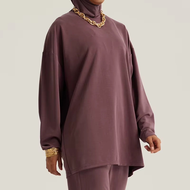 Alpha Dubai Islam Turkey Muslim Outfits for Women Casual Ramadan Solid O-Neck Basic Tops Loose Fitted Pants Prayer Garment