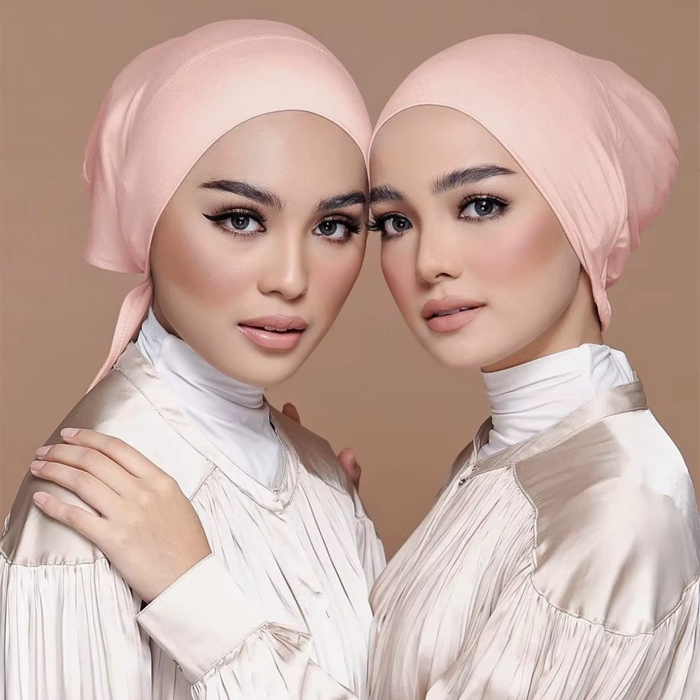 Double Layer Modal Satin Hijab Cap Islam Undercap with Tie Bonnet Instant Hijabs for Women Turkish Scarves Muslim Turban Bandana